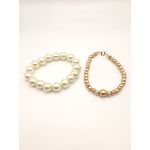 Unbranded Jewelry - Pearl Beaded Bracelets Set - Large White Stretch Bracelet & Gold-Tone Clasp